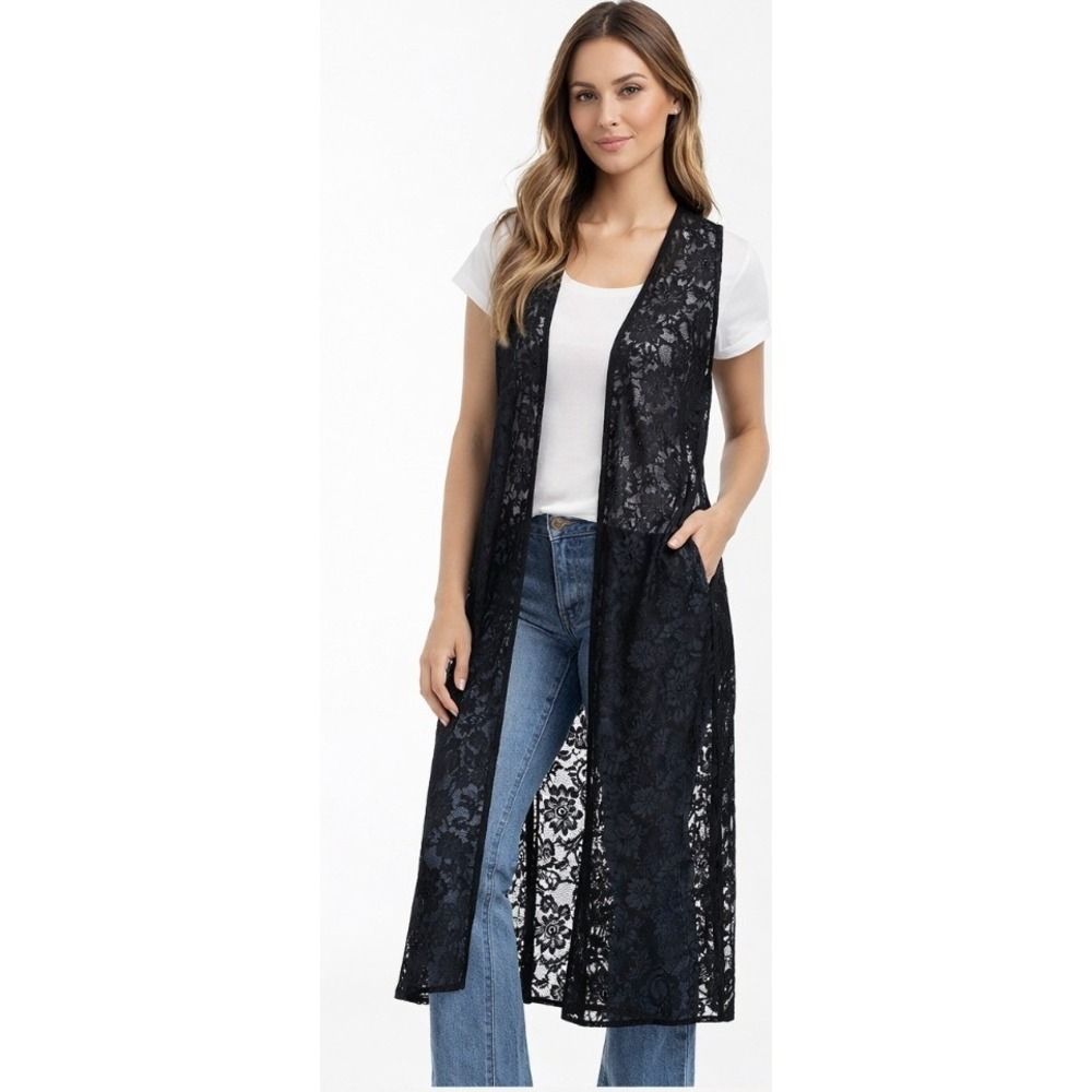 LuLaRoe Joy Black Lace Long‎ Vest Duster Goth Cardigan Size XS
